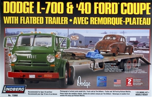 1965 Dodge L-700 Tilt Cab with Flatbed Trailer and 1940 Ford Coupe  (1/25) (fs)