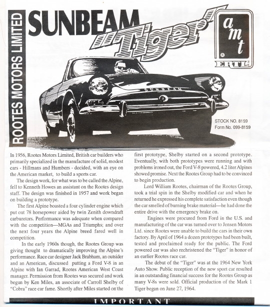 AMT 1/25 Scale Sunbeam Tiger Blueprinter Vintage Model Car Kit # 8159 NIB 