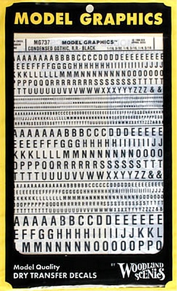 Woodland Scenics MG737 Short Black Gothic RR Letters Dry Transfer Decals 