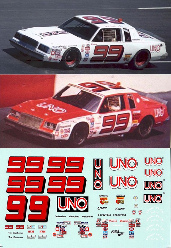 #99 Tim Richmond UNO Chevrolet 1/32nd Scale Slot Car Decals 