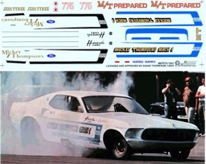 Mickey Thompson's White '69 Mustang FC, 69 Mustang Pro Stock, '64 T'bolt Decals (1/25)