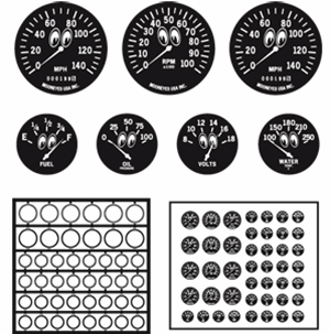 Gauge Bezels: Moon-Eyes style faces, clear letters on black background